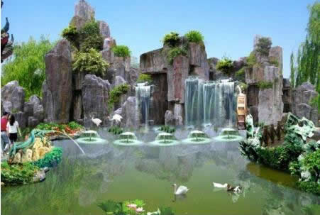 大型鱼池水池喷泉瀑布假山效果图