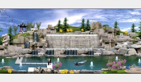 大型瀑布喷泉鱼池水池假山效果图”