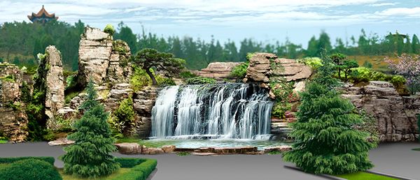 大型园林瀑布鱼池水池假山效果图